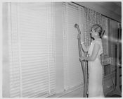 Mrs. Little vacuuming blinds 